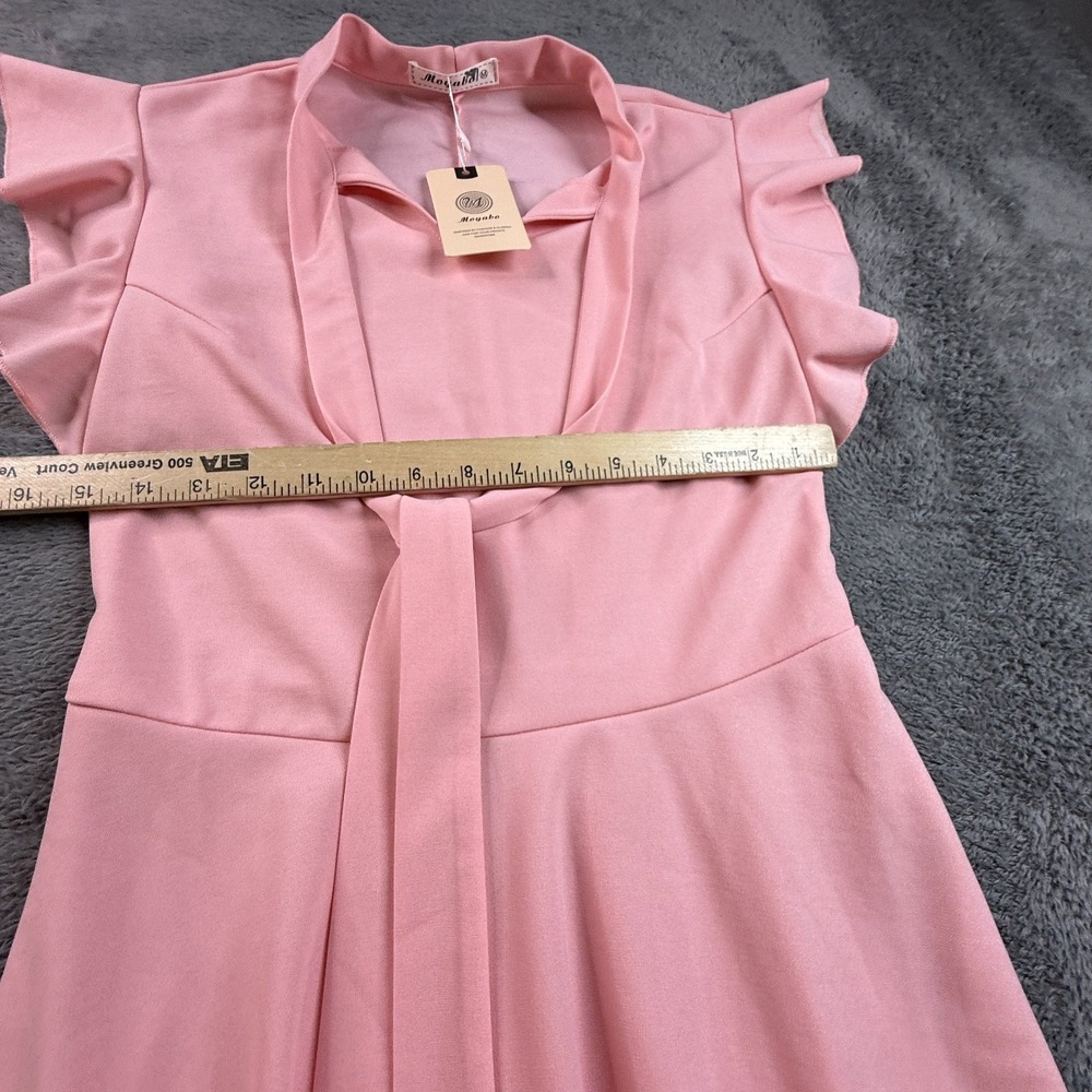Moyabo Women's Pink Dress Size M Ruffle Sleeve V-Neck Tie Front A-Line NWT - Picture 3 of 6